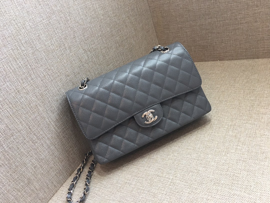 Medium Classic Flap Caviar Bag A01112 Dark Gray/Silver